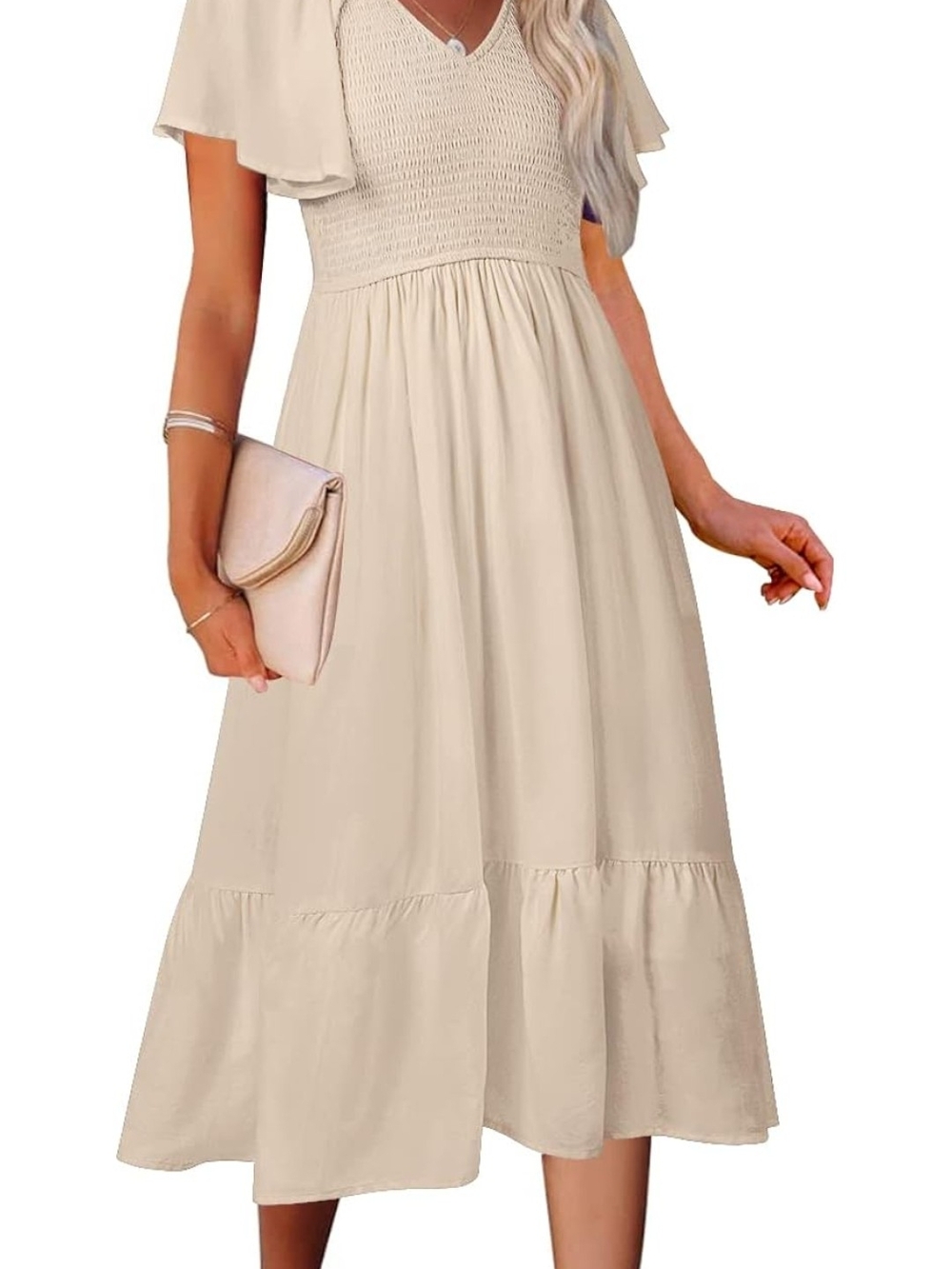 Smocked V-Neck Midi Dress with Flutter Sleeves in Cream